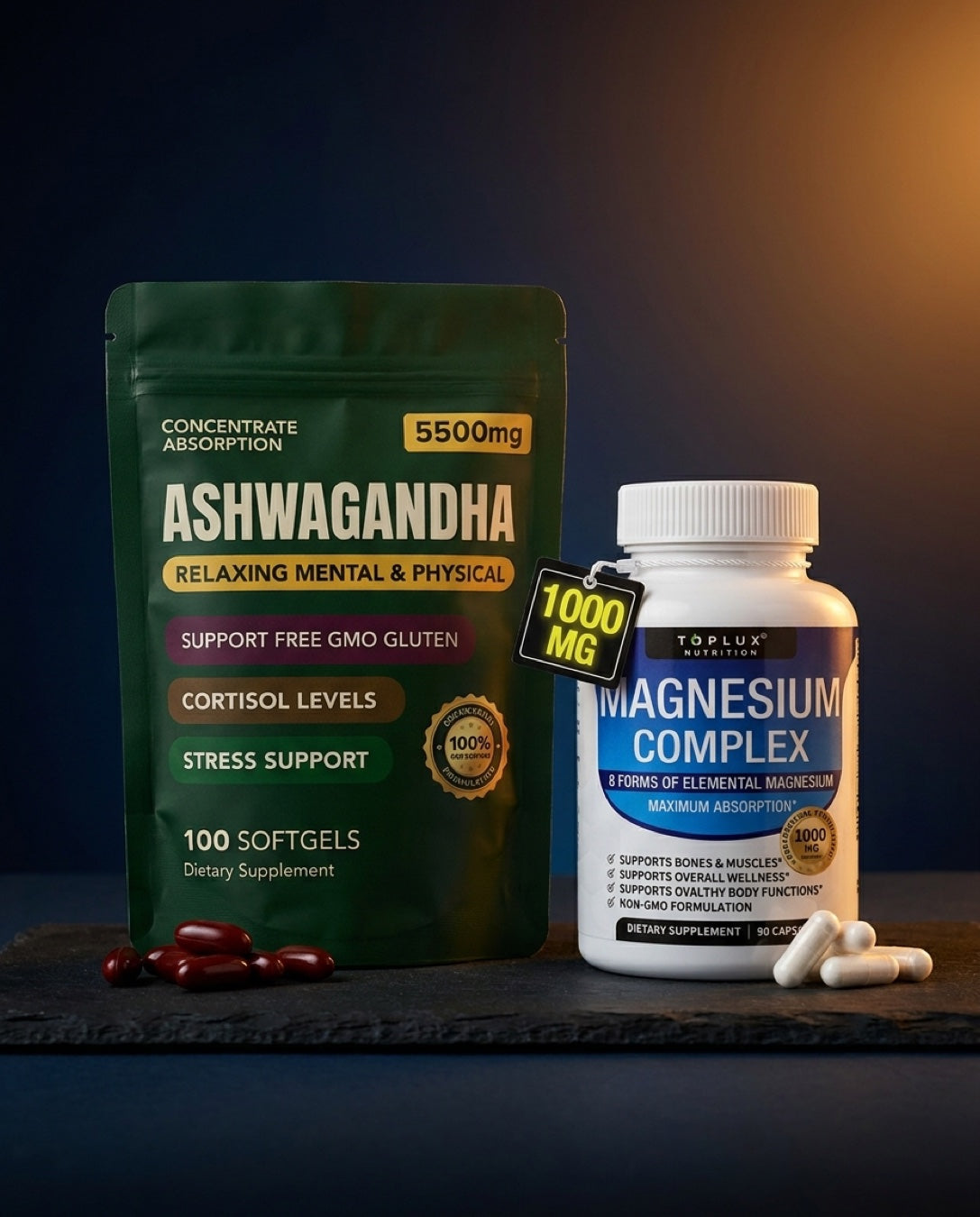 Combo Apaga el Cerebro — Ashwagandha KSM-66 + Magnesio 8 Formas