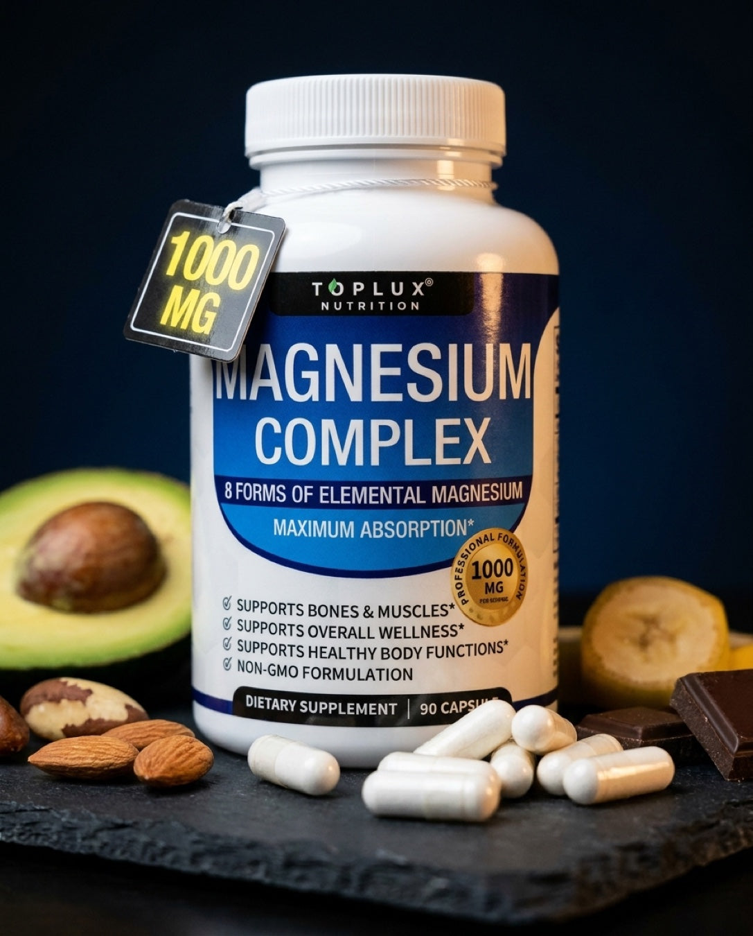 Magnesio 8 Formas — frasco TOPLUX con cápsulas blancas + alimentos ricos en magnesio