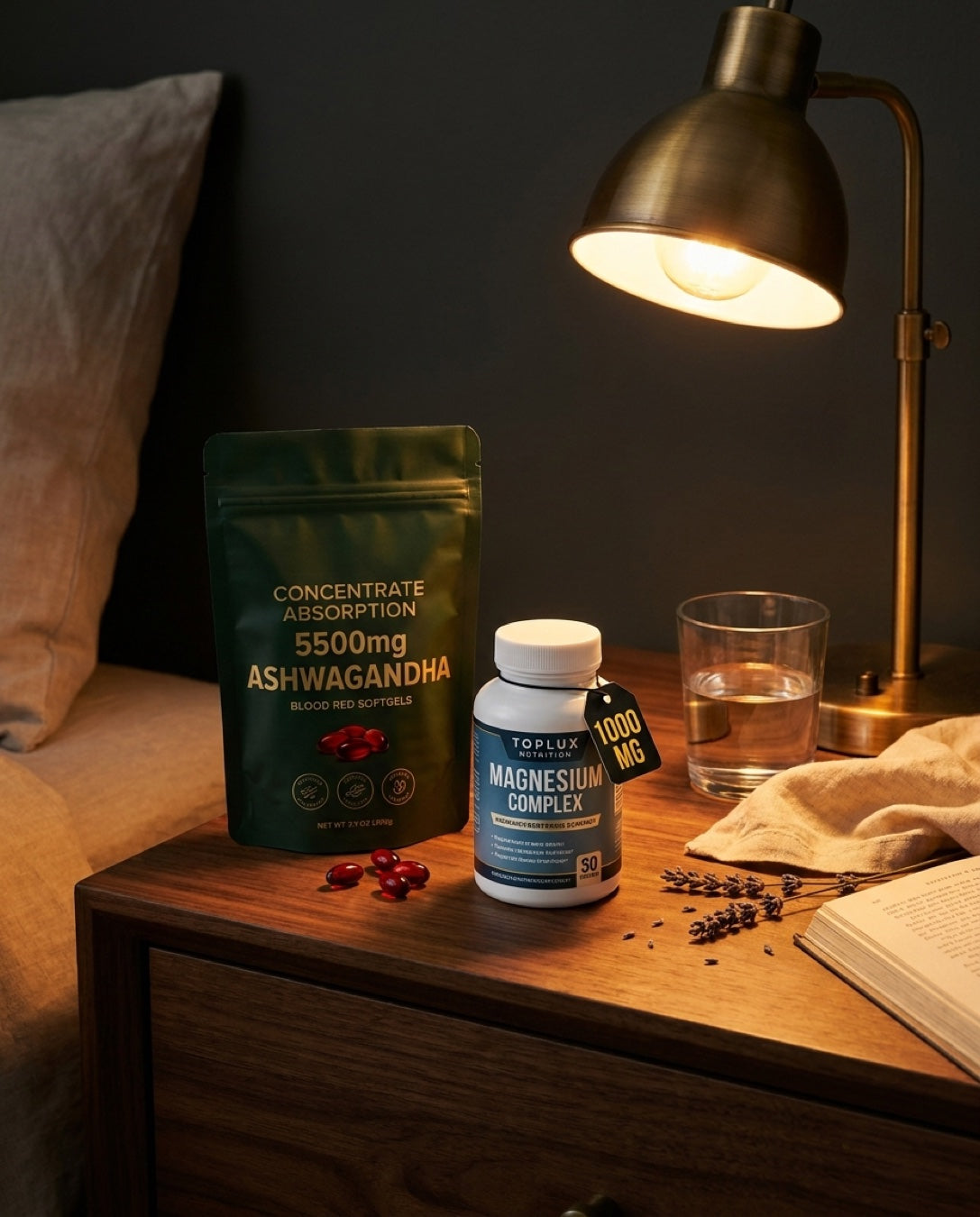 Ritual nocturno — mesa de noche con ambos productos · lámpara cálida