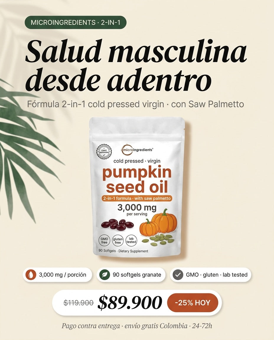 Bolsa Microingredients Pumpkin Seed Oil · 3,000mg · 2-in-1 con Saw Palmetto · 90 softgels