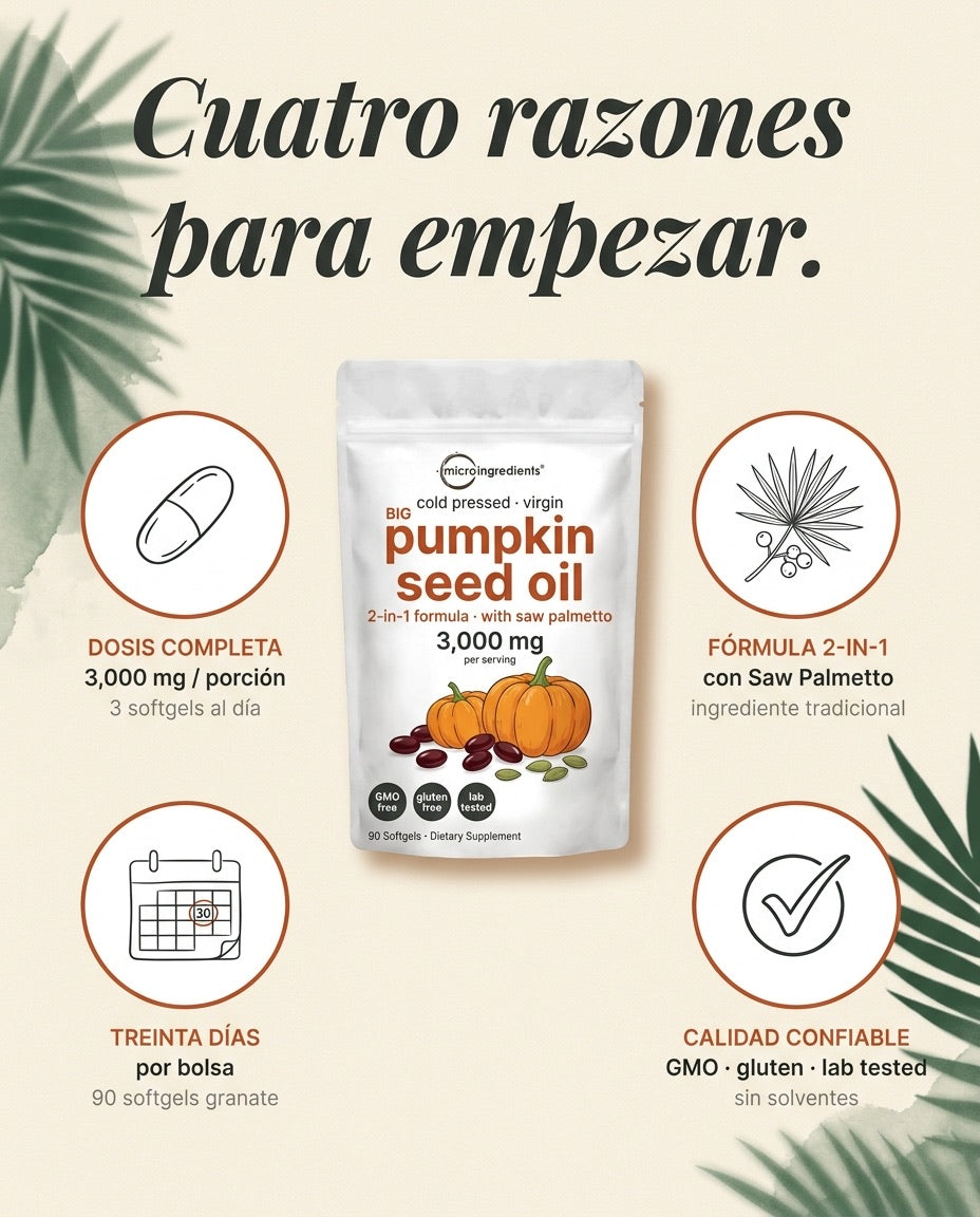 Cuatro razones · aceite calabaza 3000mg · Saw Palmetto · 90 softgels · GMO/gluten free