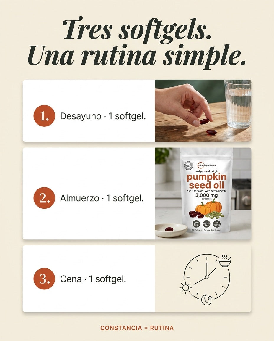 Tres softgels al día · desayuno · almuerzo · cena · una rutina simple