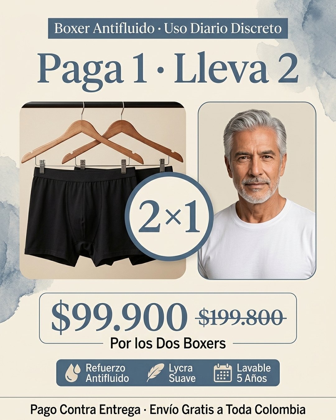 Boxer antifluido masculino · uso diario discreto · Paga 1 Lleva 2 · combo $99.900 · pago contra entrega