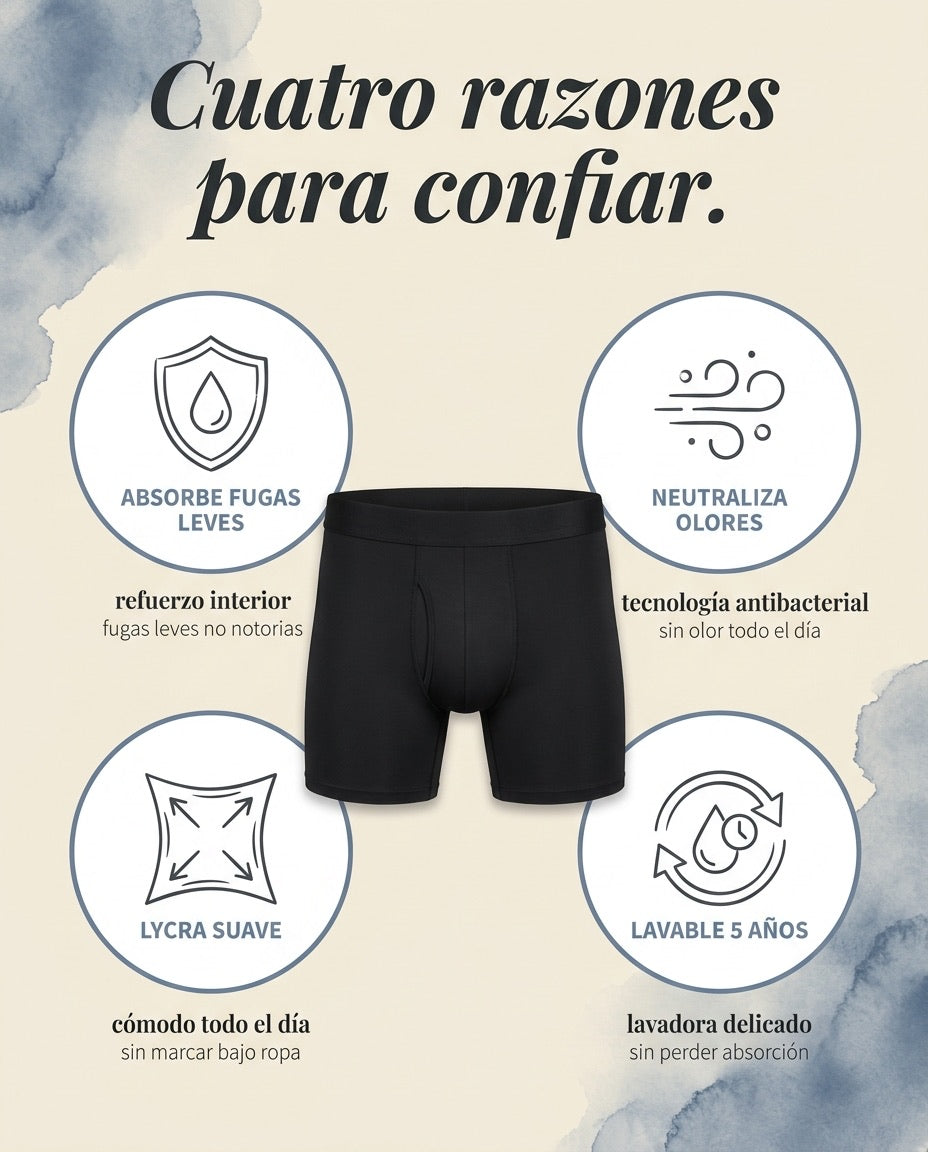 Cuatro razones · absorbe fugas leves · neutraliza olores · lycra suave · lavable 5 años