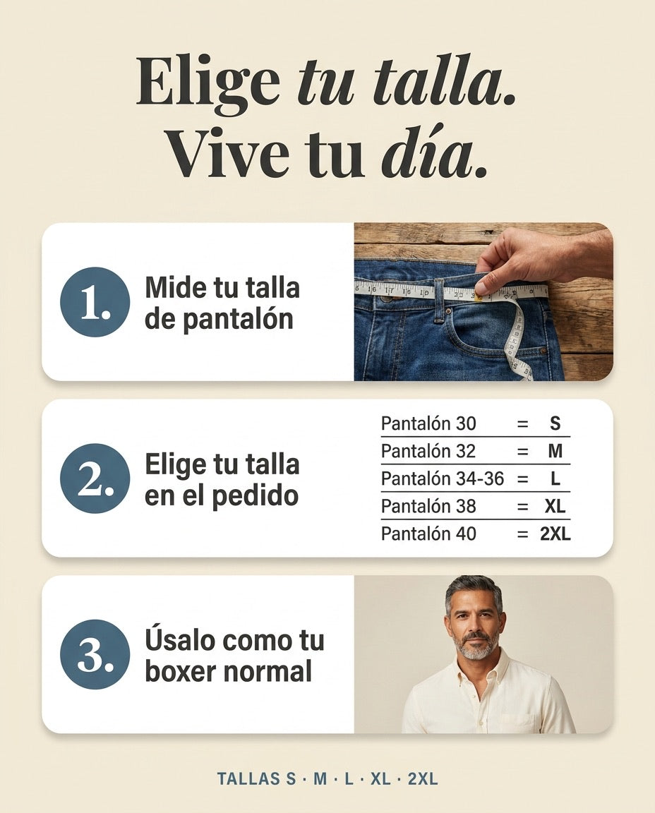 Guía tallas hombre · pantalón 30 a 40 · boxer S a 2XL