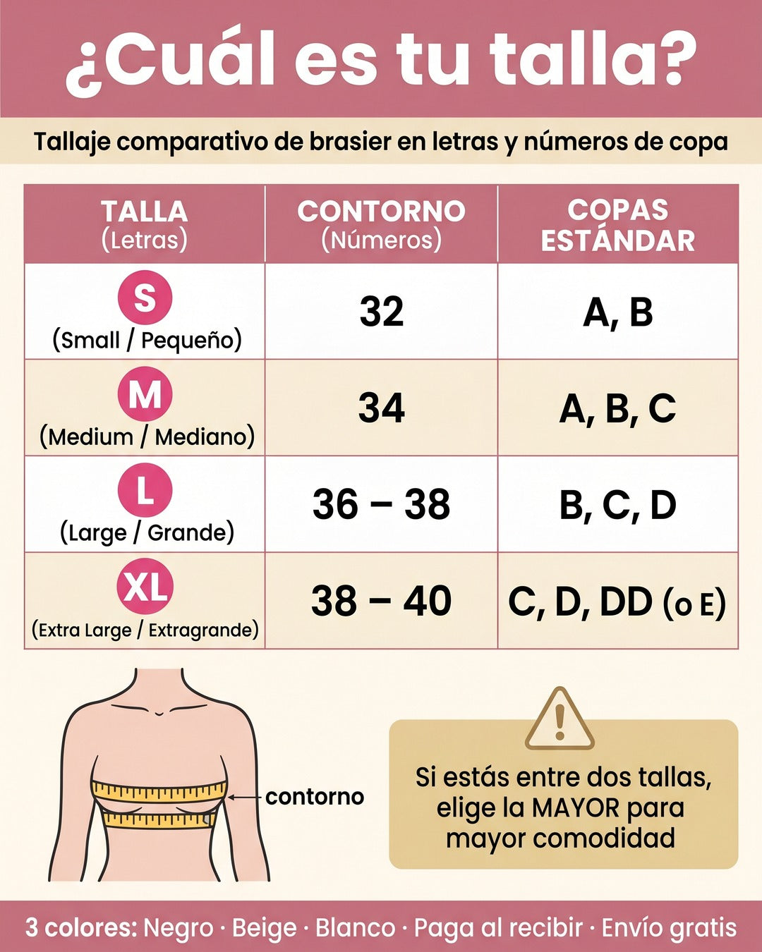 Tabla de tallas: S contorno 32 copas A B · M contorno 34 copas A B C · L contorno 36-38 copas B C D · XL contorno 38-40 copas C D DD · si estás entre dos tallas elige la mayor