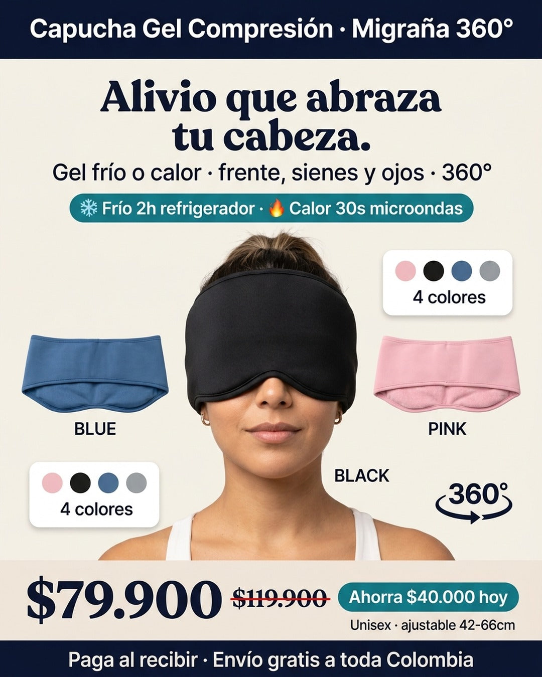Capucha gel compresión 180° para migraña · negro, rosa, azul, gris · $79.900 paga al recibir