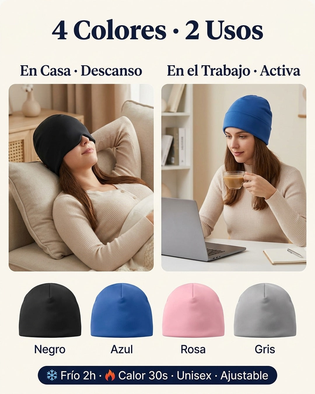 4 colores disponibles: Negro, Rosa, Azul, Gris · cobertura 180° frente, sienes y ojos
