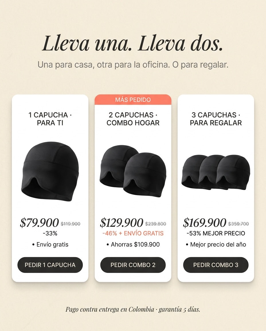 Elige tu pack · 1 capucha $79.900 · 2 capuchas $129.900 · 3 capuchas $169.900