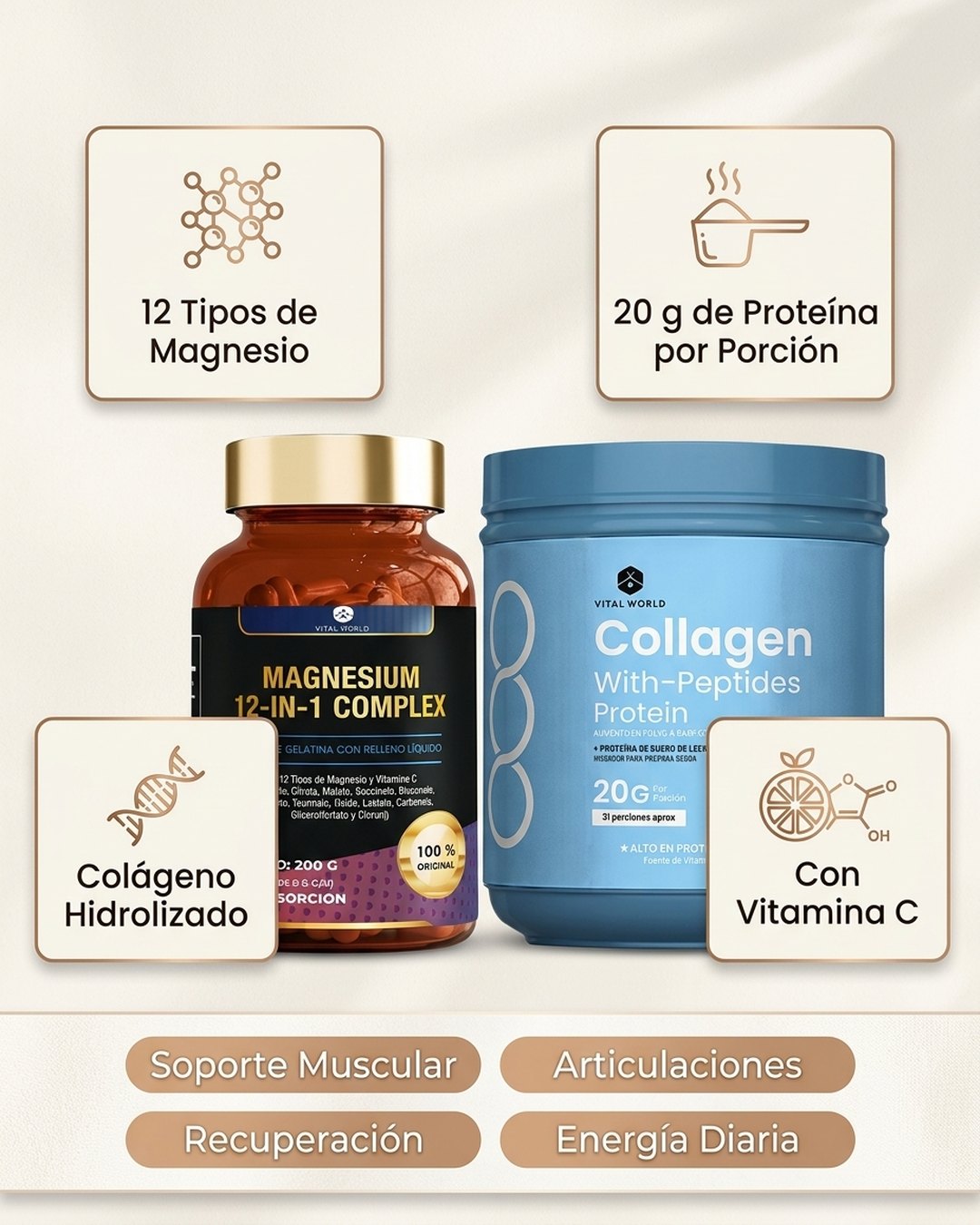 12 tipos de magnesio · 20 g de proteína · colágeno hidrolizado · vitamina C
