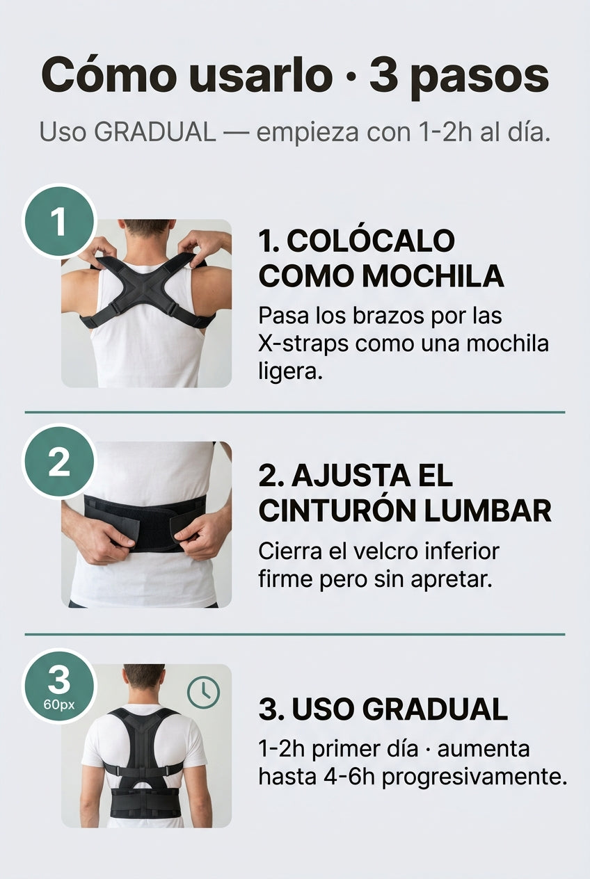 Cómo usarlo · 3 pasos · colócalo como mochila · ajusta lumbar · uso gradual