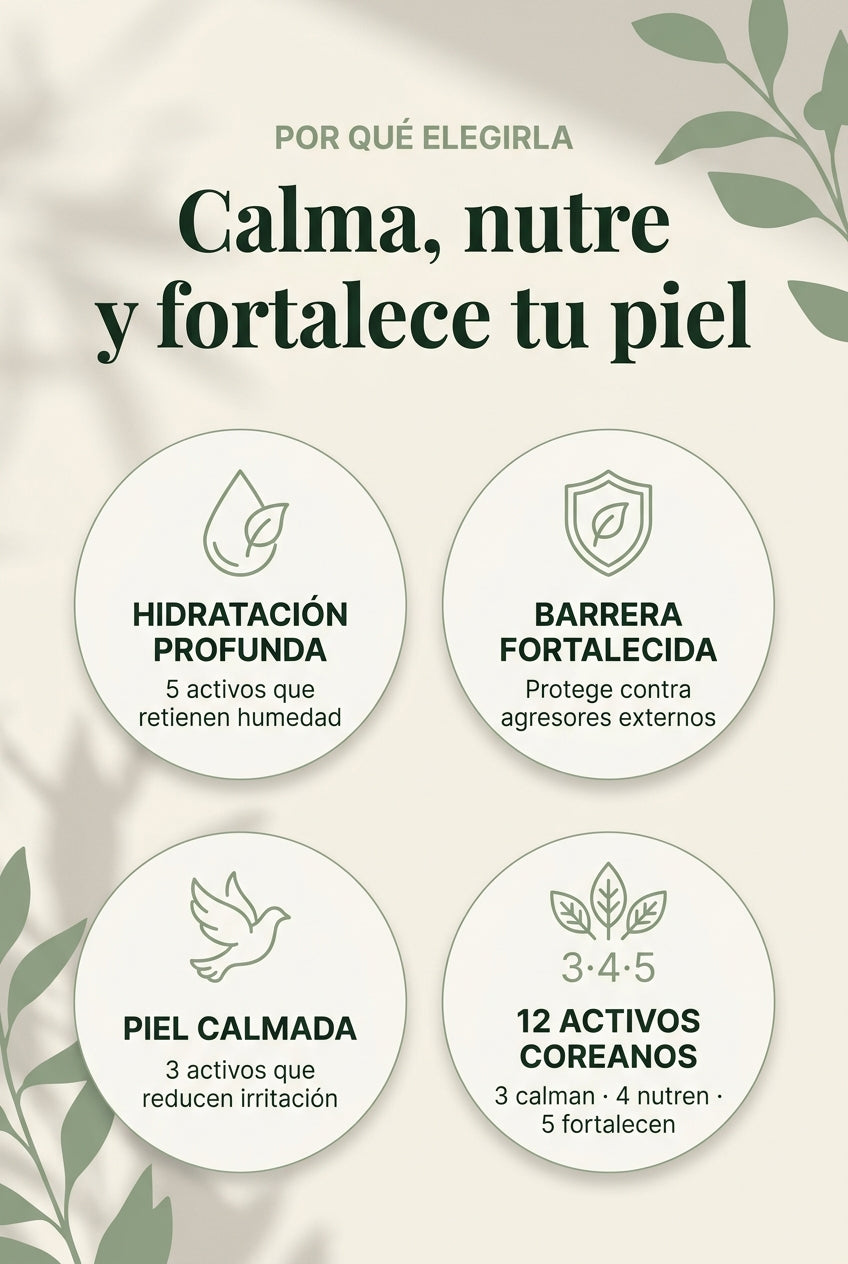 4 beneficios clave · hidratación profunda · barrera fortalecida · piel calmada · 12 activos coreanos