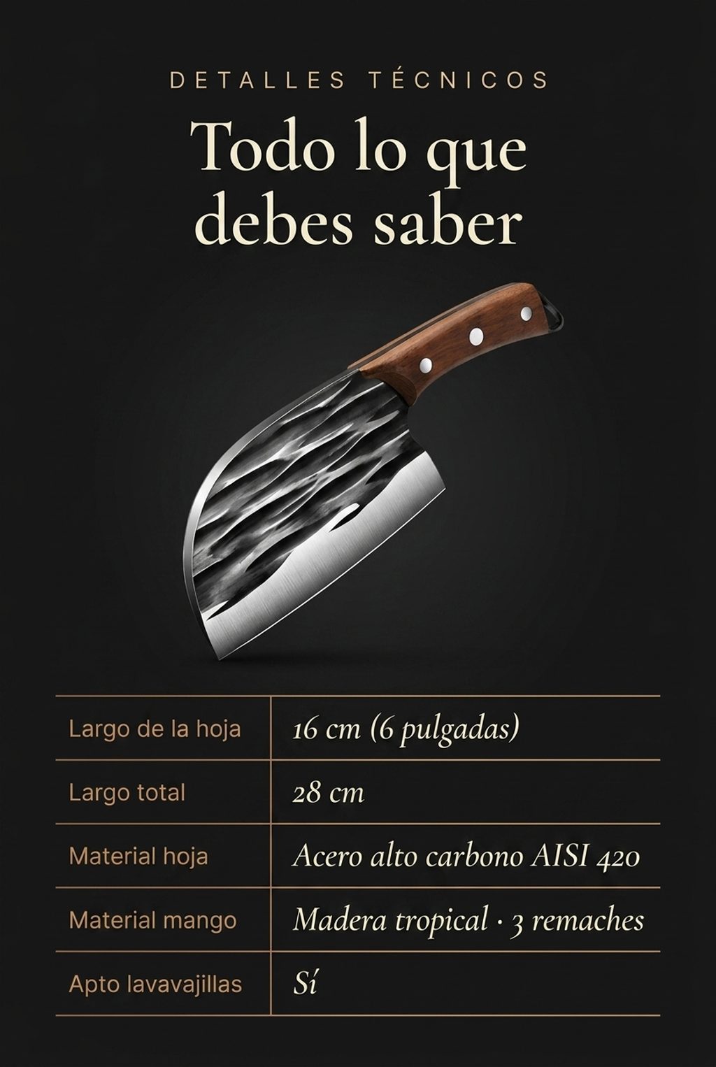 Ficha técnica: 16cm hoja, 28cm total, acero AISI 420