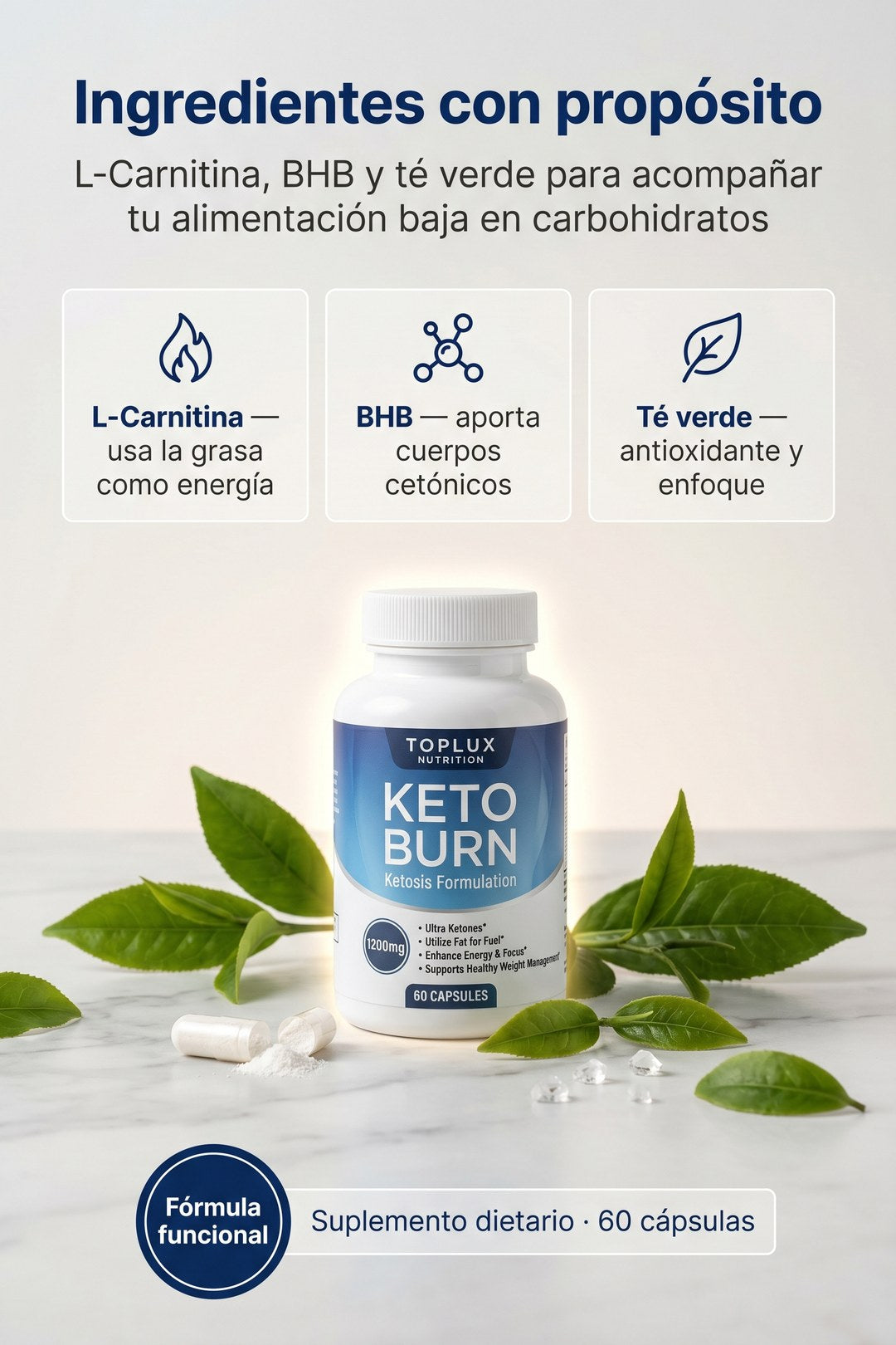 Ingredientes con propósito: L-Carnitina, BHB y té verde para acompañar tu alimentación baja en carbohidratos.
