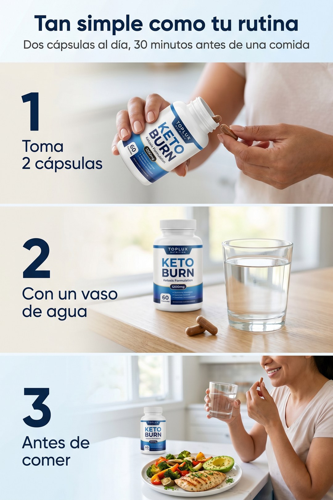 Tan simple como tu rutina: dos cápsulas al día, 30 minutos antes de una comida.