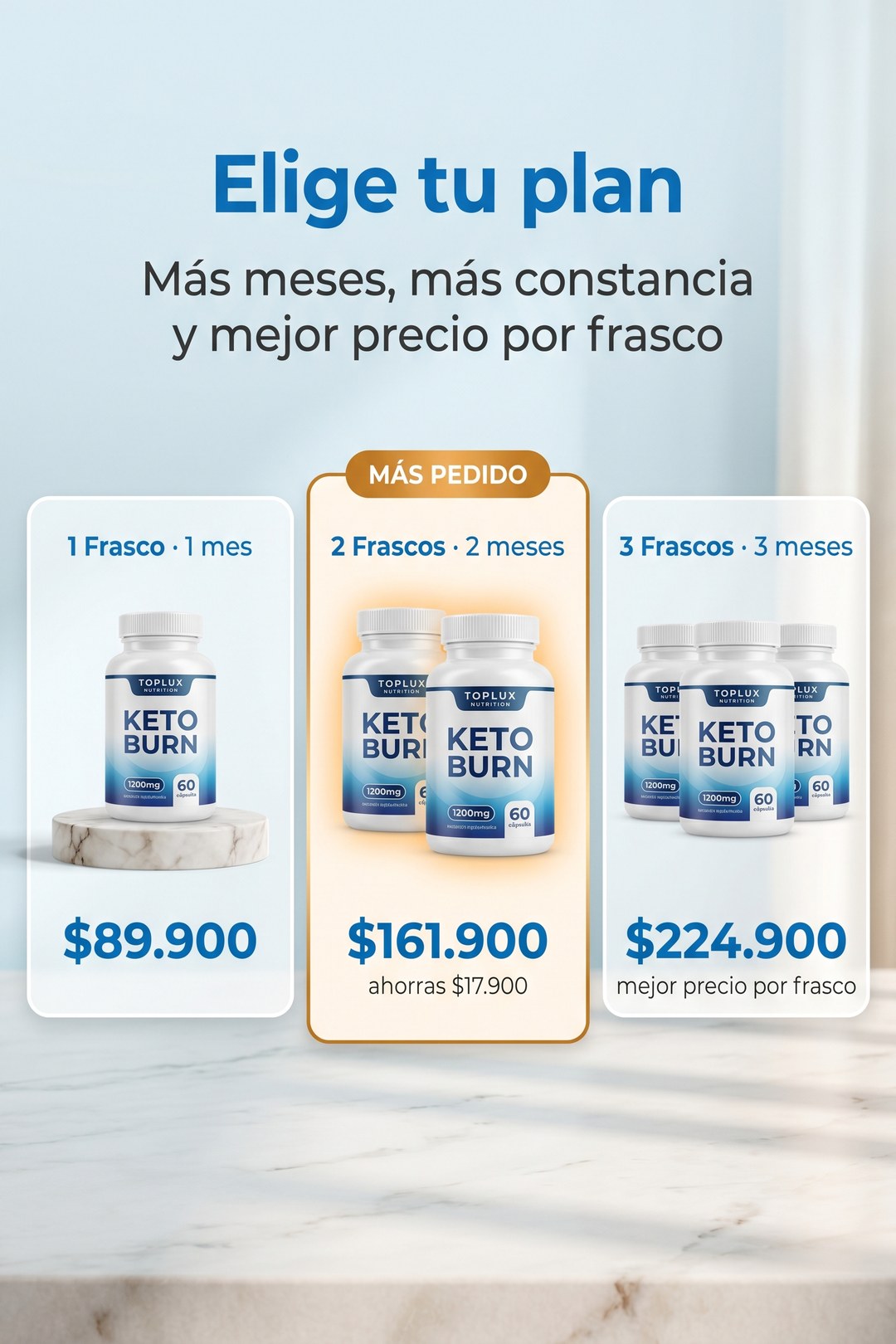 Elige tu plan: 1, 2 o 3 frascos de Keto Burn con mejor precio por frasco. Envío gratis, pago contra entrega.