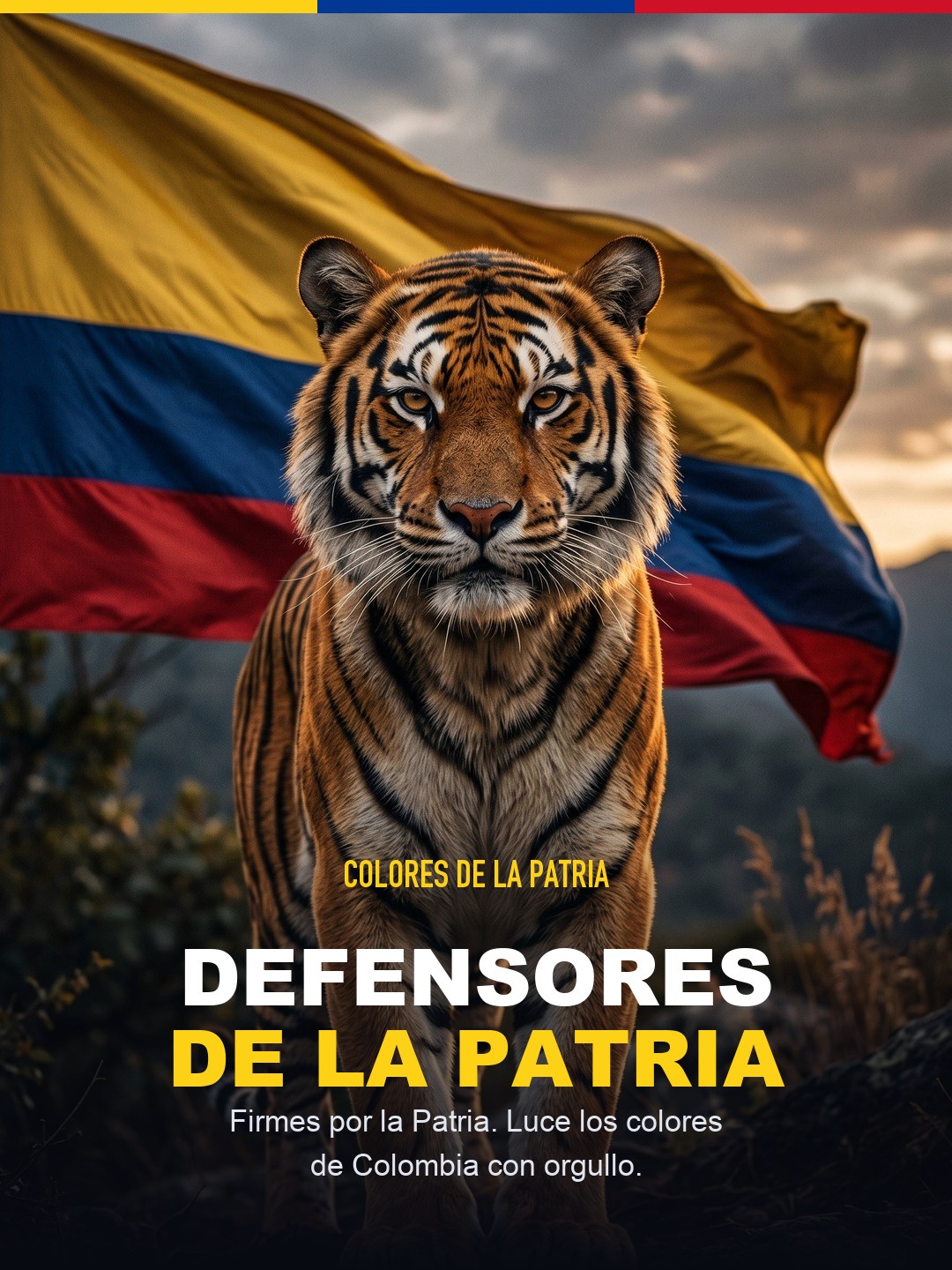 Defensores de la Patria · Firmes por la Patria. Tigre y bandera de Colombia, colores de la Patria