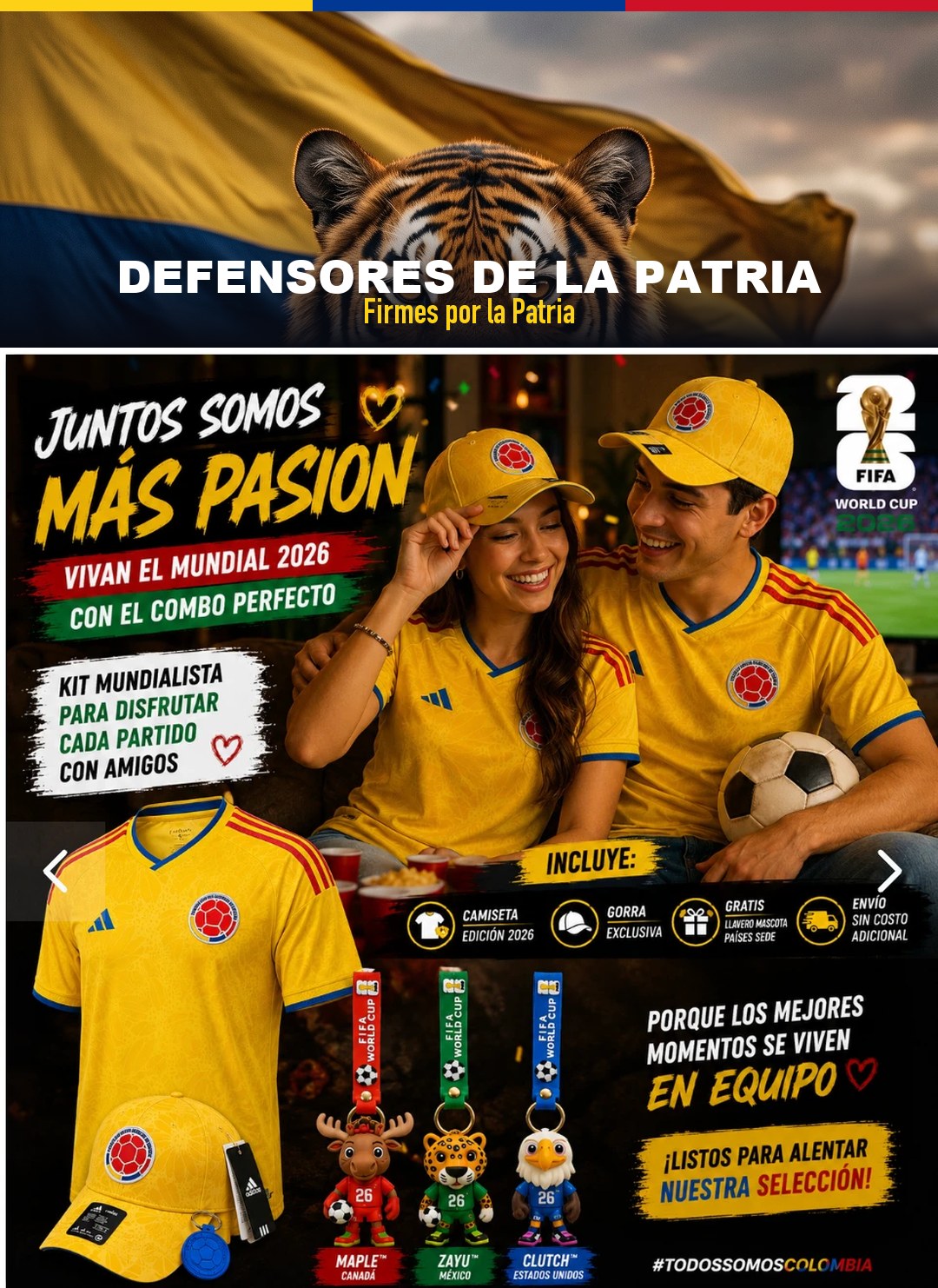 Pareja con la camiseta y gorra de Colombia, defensores de la Patria, viviendo el partido con pasión
