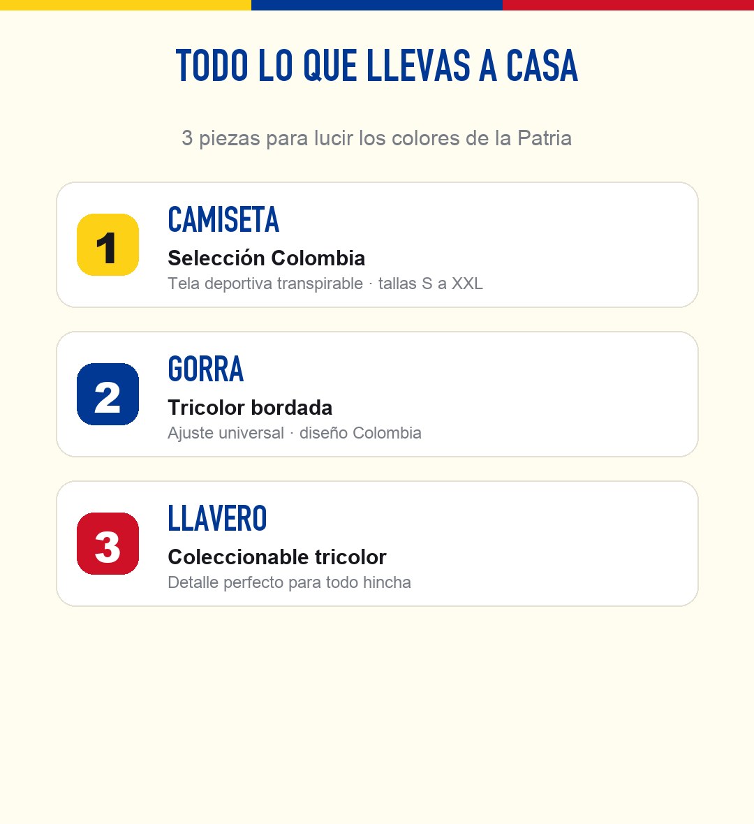 El kit incluye camiseta de la Selección Colombia, gorra tricolor bordada y llavero coleccionable