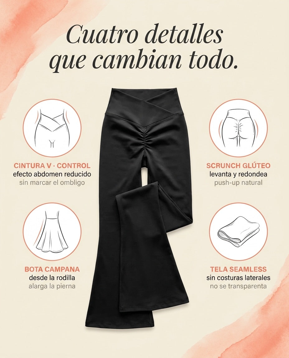 Cuatro razones · cintura V · scrunch · bota campana · seamless
