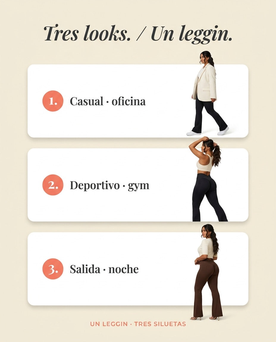 Tres looks · oficina · gym · noche · un leggin