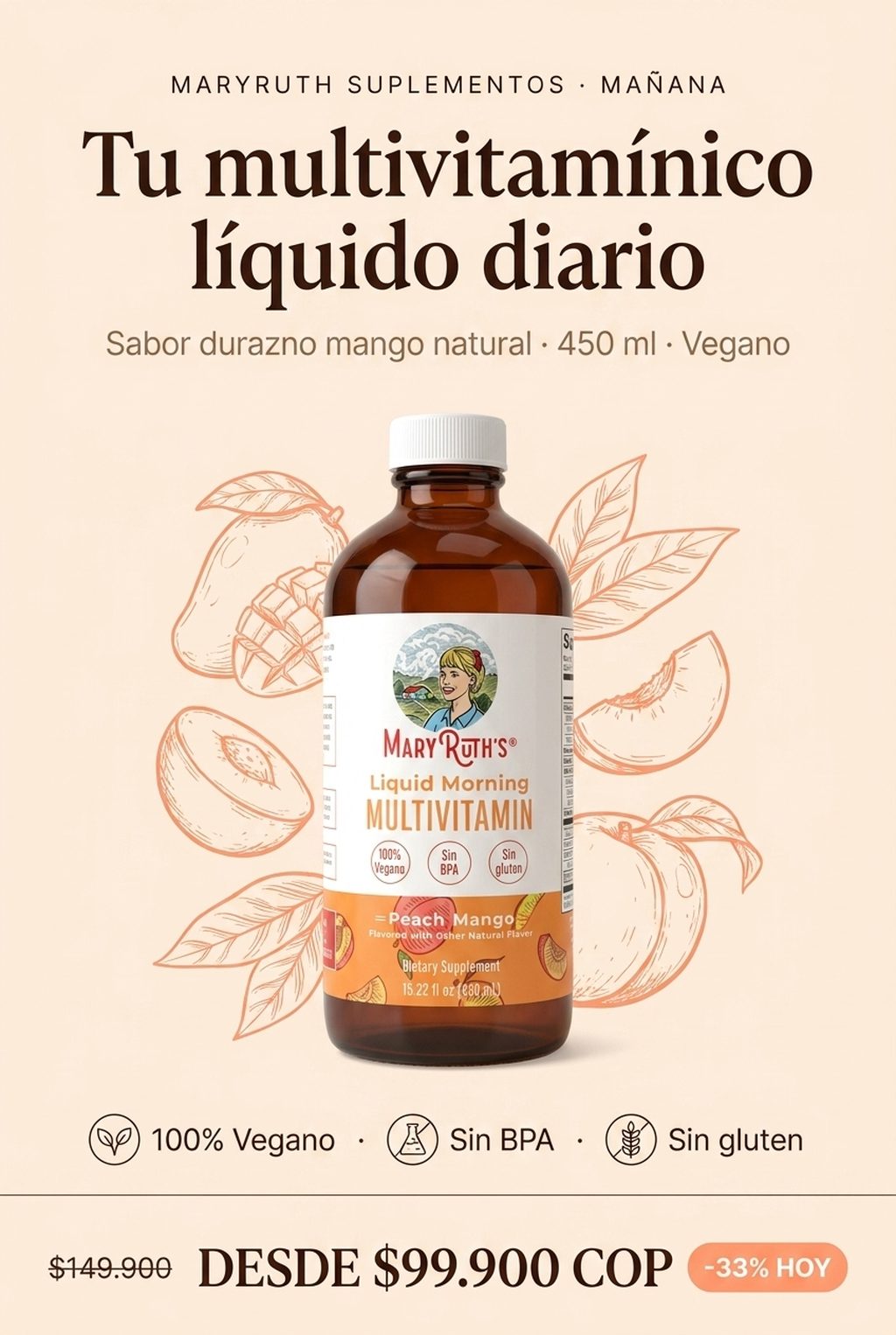 MaryRuth's Multivitamínico Líquido Peach Mango