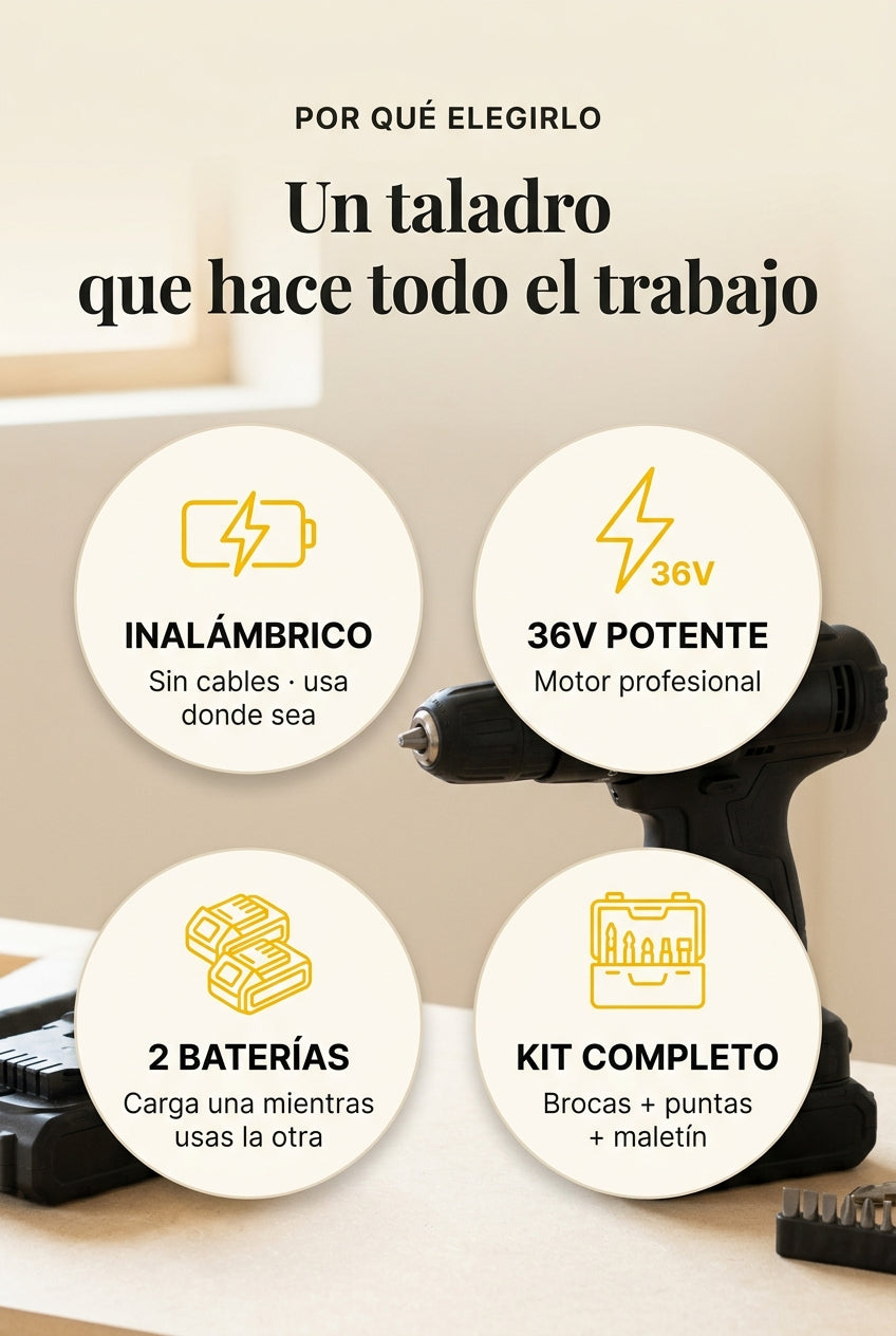 4 beneficios clave · inalámbrico · 36V · 2 baterías · kit completo