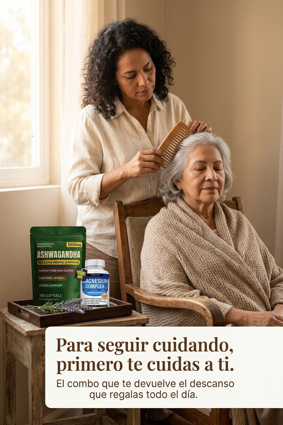 Mujer cuidando a su madre — el combo para mujeres que cuidan a todos