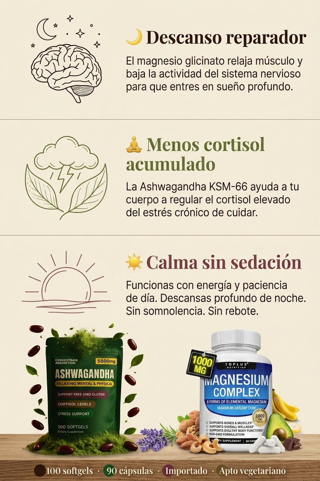 Beneficios · descanso reparador · menos cortisol · calma sin sedación