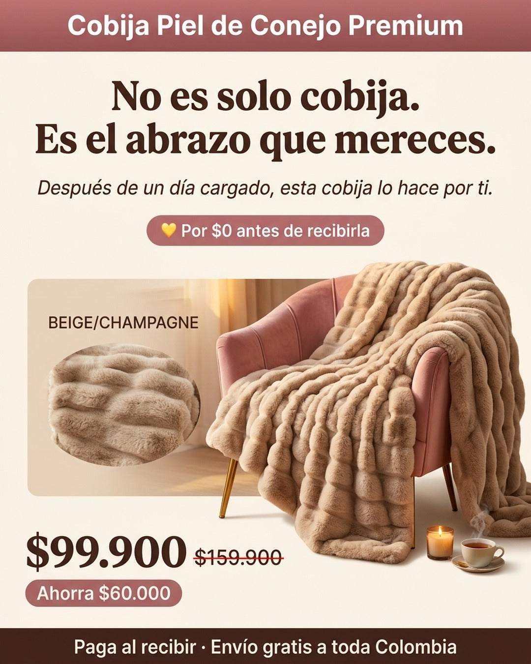 Cobija Piel de Conejo Premium 1500g · textura burbuja · beige champagne · paga al recibir