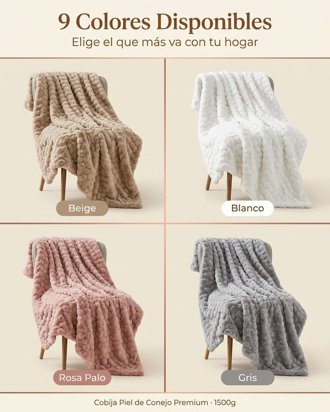 9 colores disponibles · beige, blanco, rosa palo, gris, negro, aguamarina, dorado