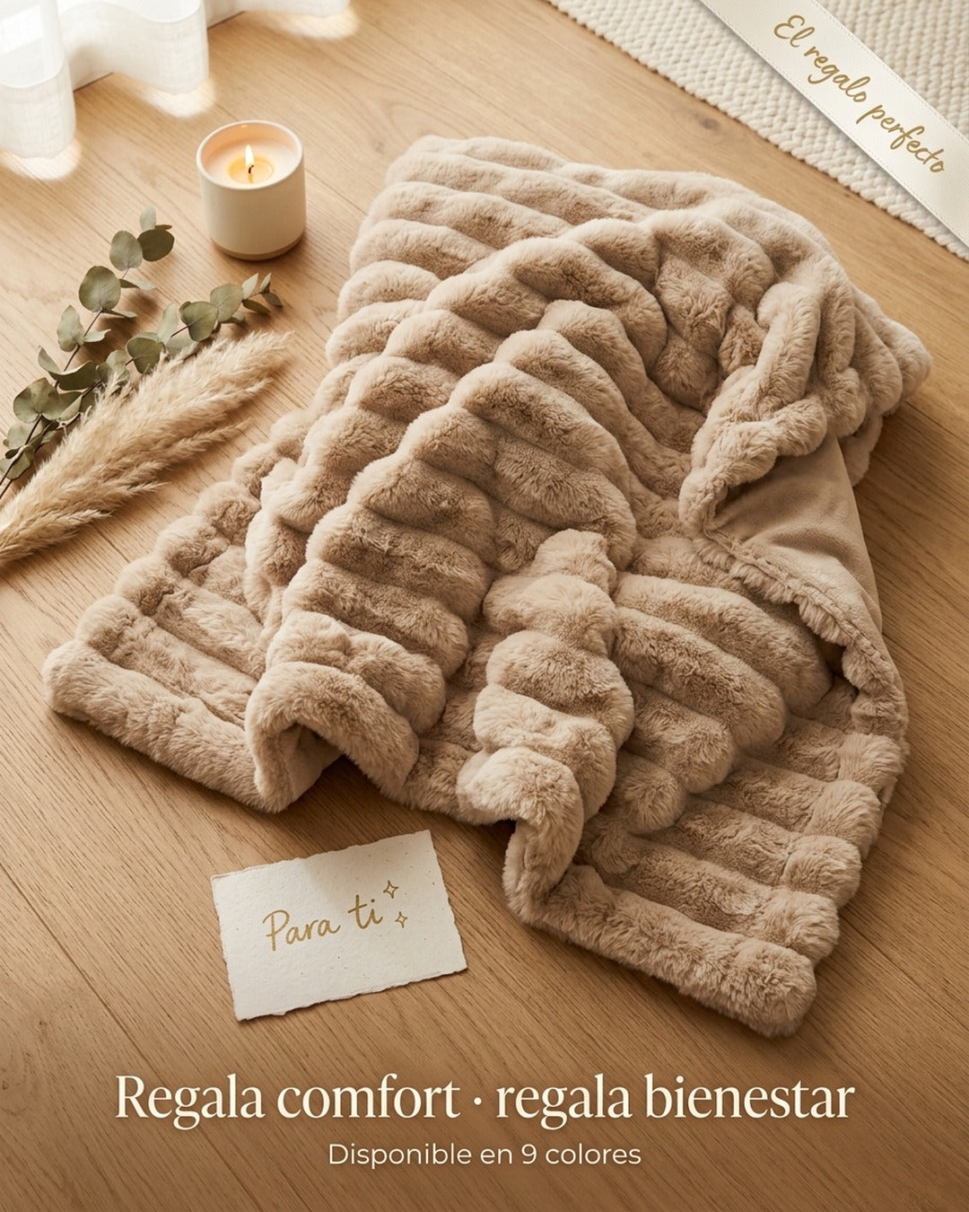 El regalo perfecto · cobija piel de conejo premium · regala comfort
