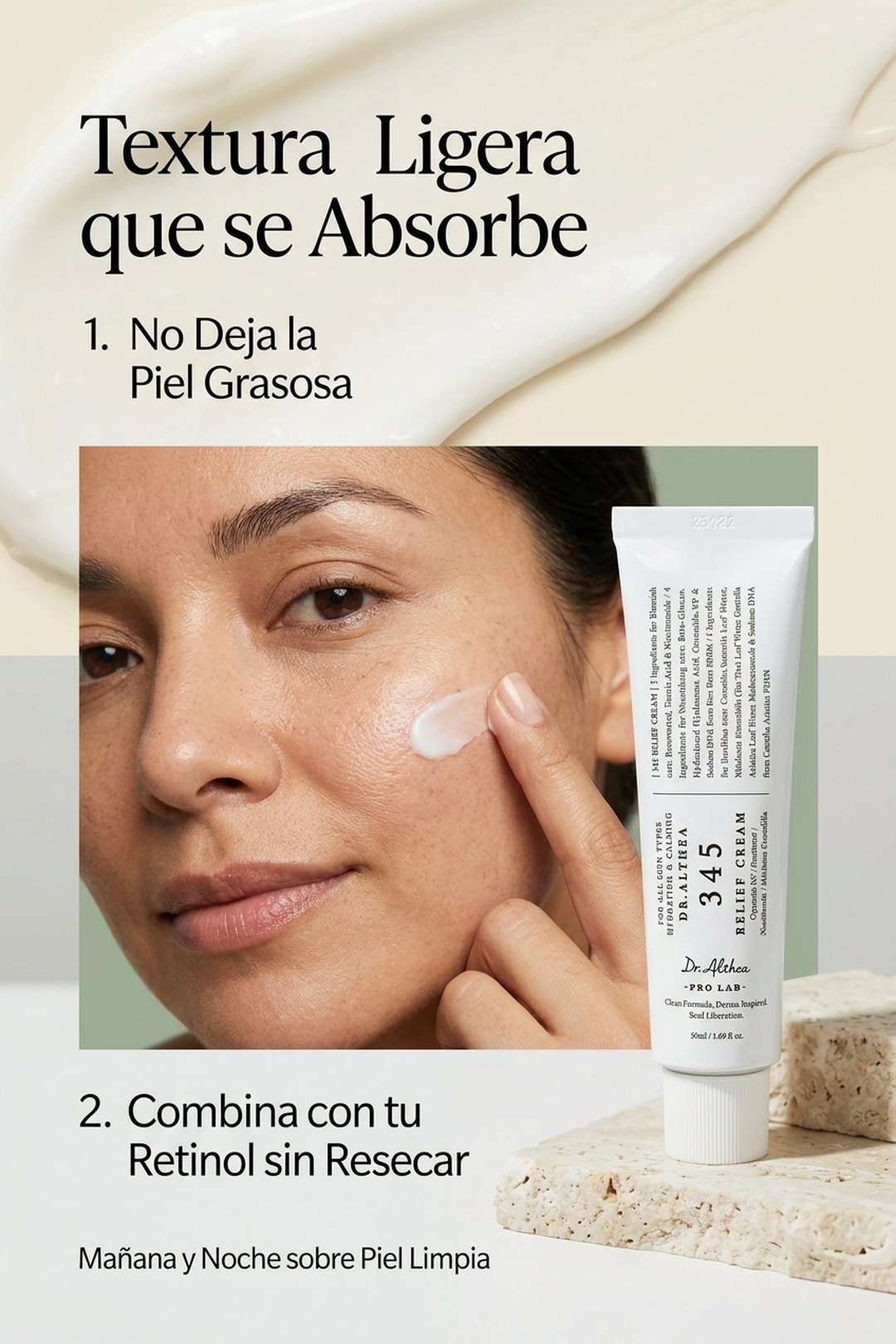 Textura ligera que se absorbe · no deja la piel grasosa · combina con tu retinol sin resecar