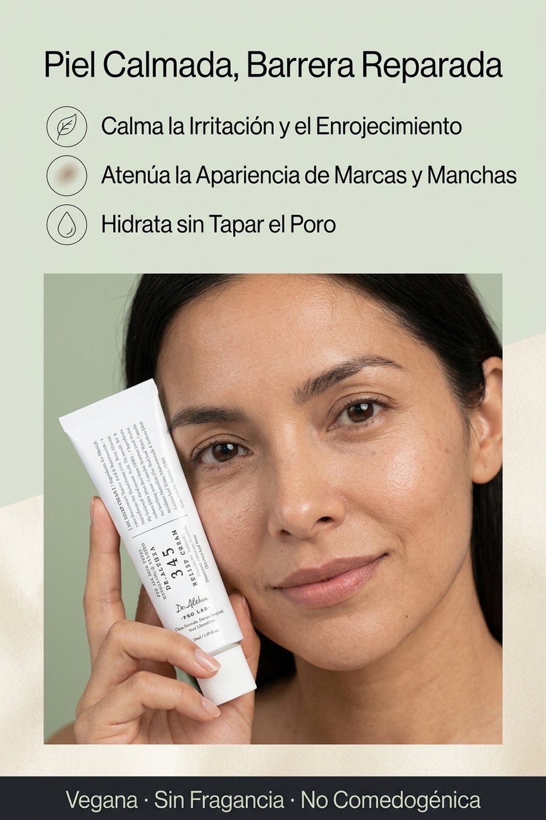 Piel calmada y barrera reparada · vegana · sin fragancia · no comedogénica