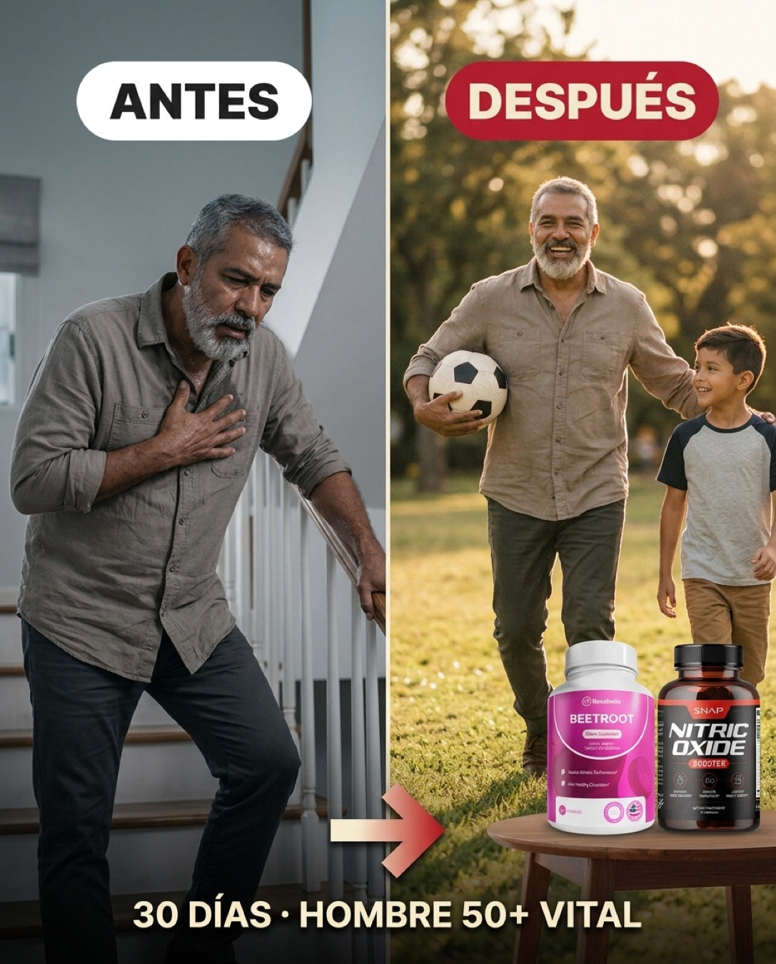 Antes vs Después · 30 días Hombre 50+ Vital · de sin aire a jugar con tu nieto