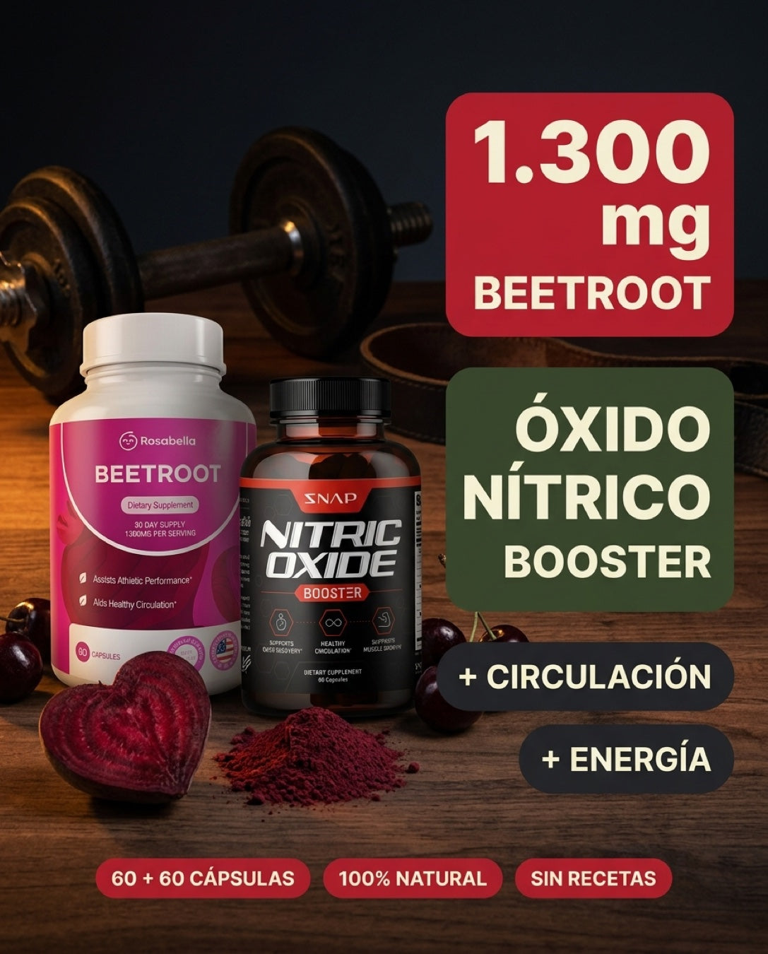 Beetroot 1300mg + Nitric Oxide Booster · circulación + energía + vitalidad