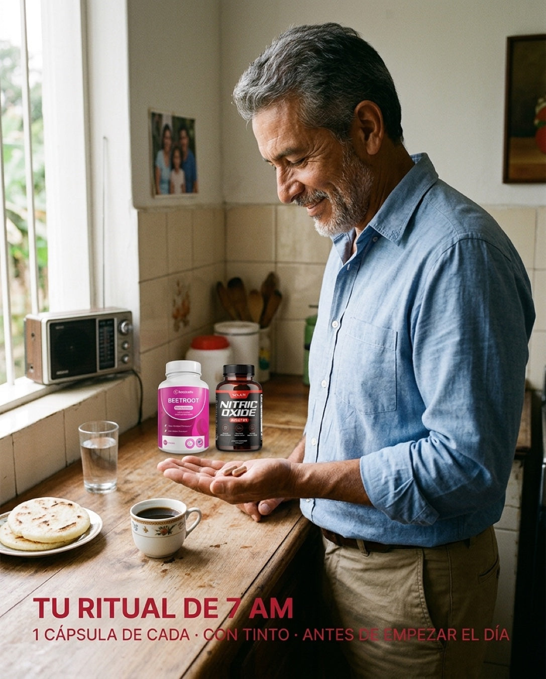 Tu ritual de 7 AM · 1 cápsula de cada con tu tinto · antes de empezar el día