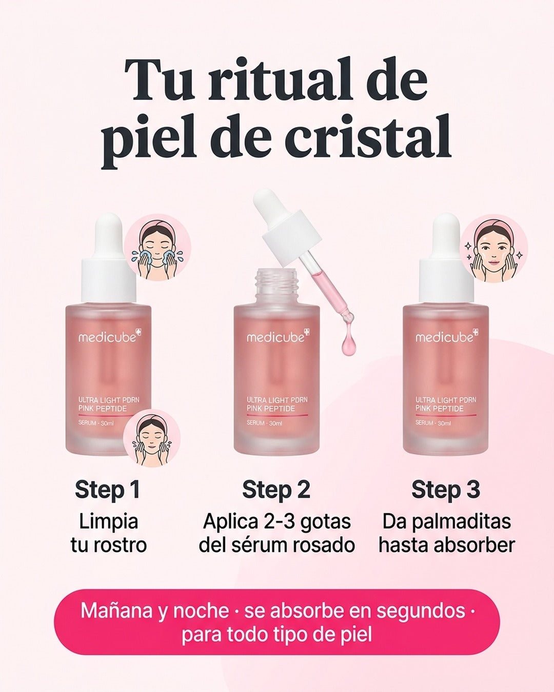 Ritual de piel de cristal limpia aplica 2-3 gotas da palmaditas mañana y noche