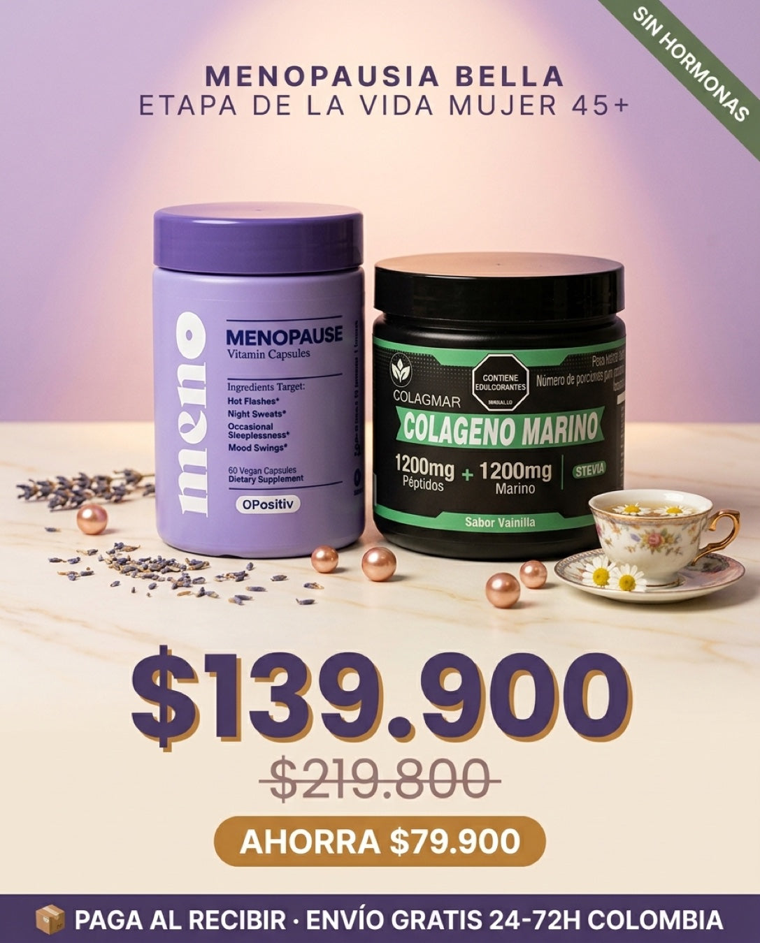 Combo Menopausia Bella · Meno + Colágeno Marino · $139.900 paga al recibir