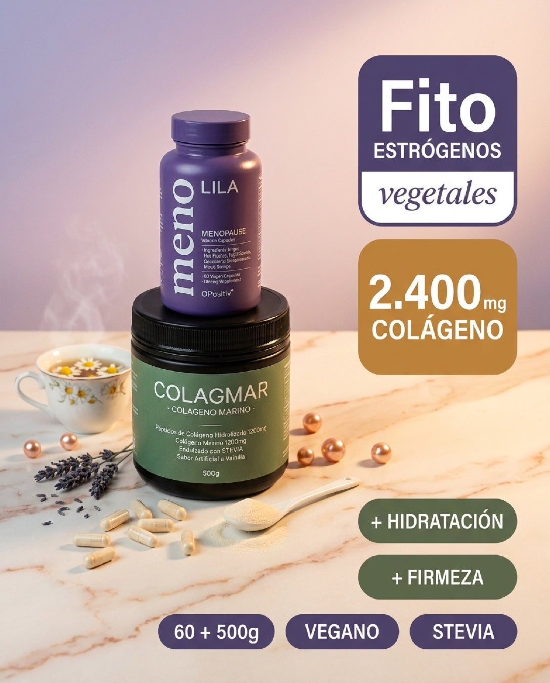 Fitoestrógenos vegetales + 2.400mg colágeno marino · combo natural menopausia