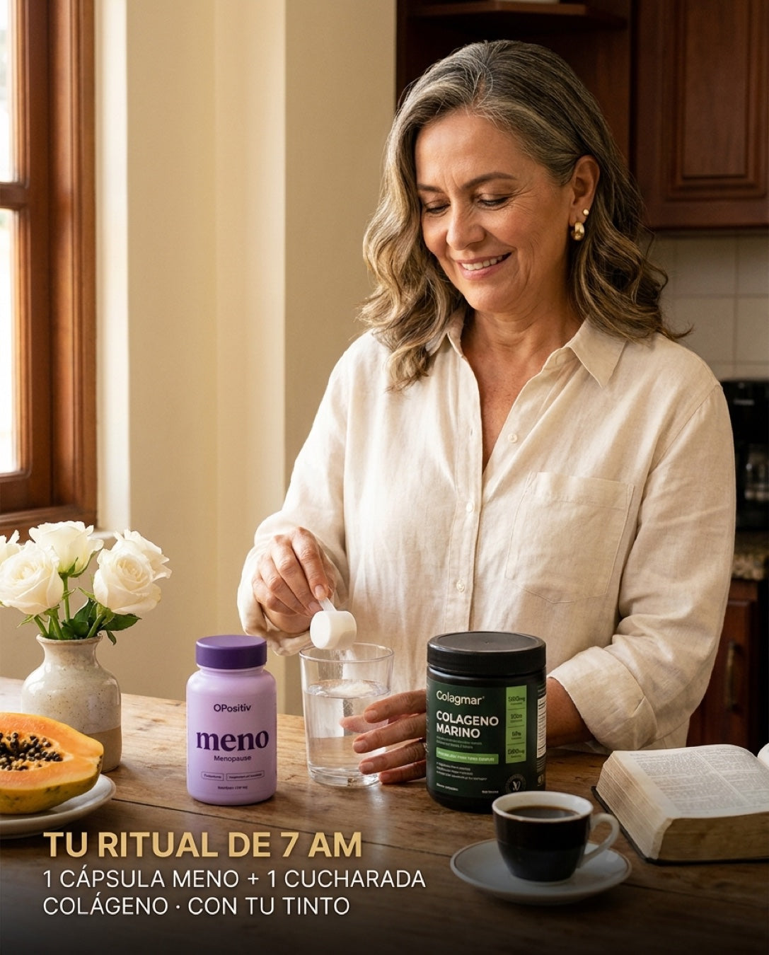 Tu ritual de 7 AM · 1 cápsula Meno + 1 cucharada colágeno con tu tinto
