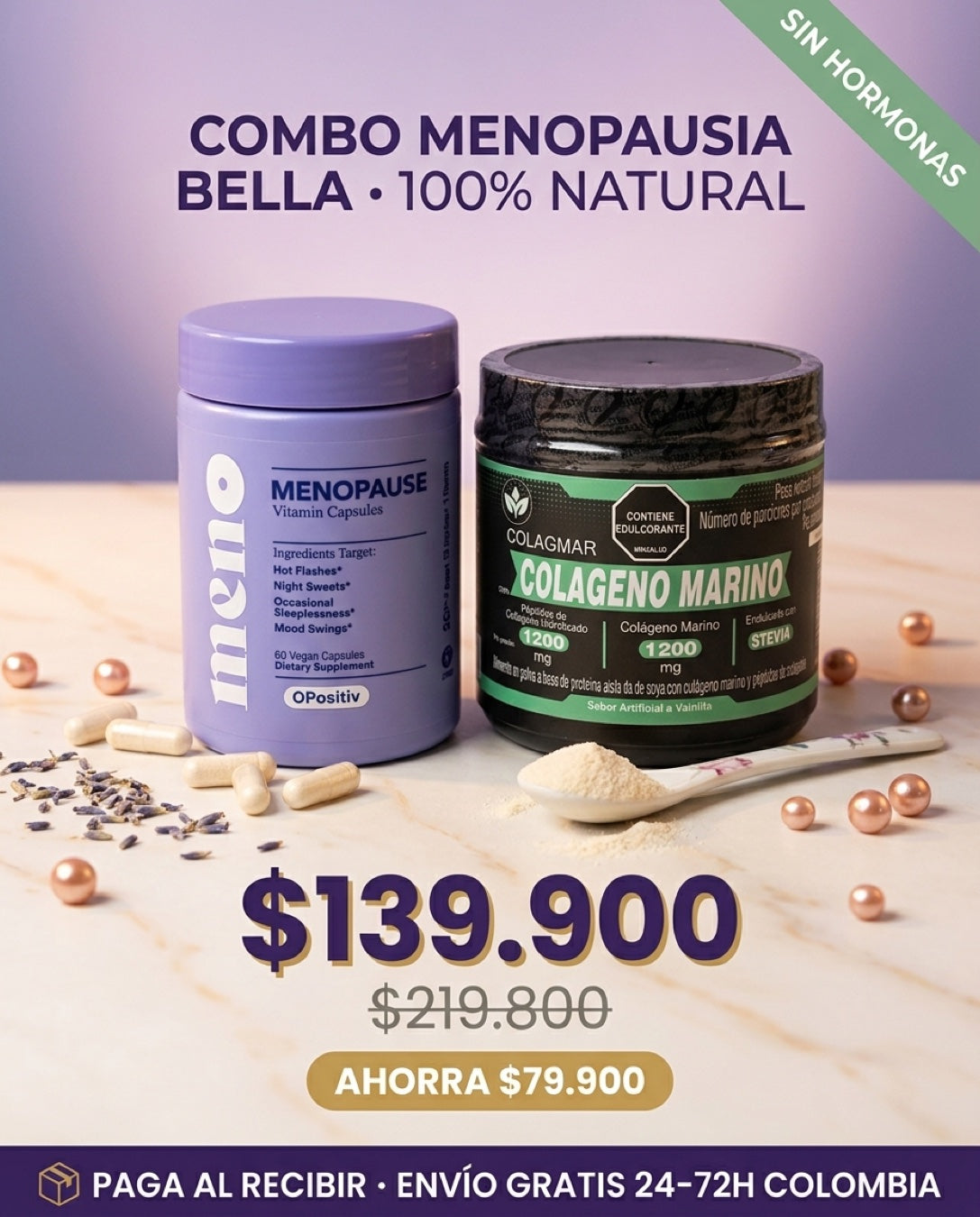 Combo Menopausia Bella $139.900 · ahorra $79.900 · sin hormonas sintéticas