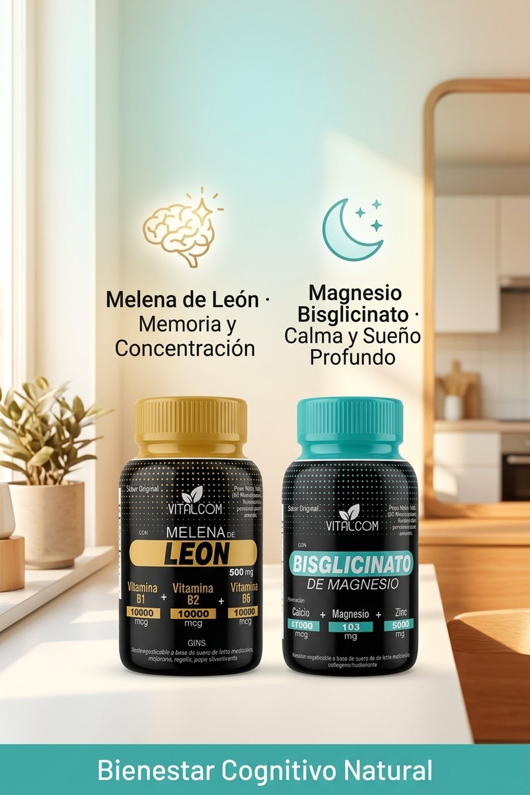 Beneficios · Melena de León apoya memoria y concentración · Magnesio calma y sueño profundo