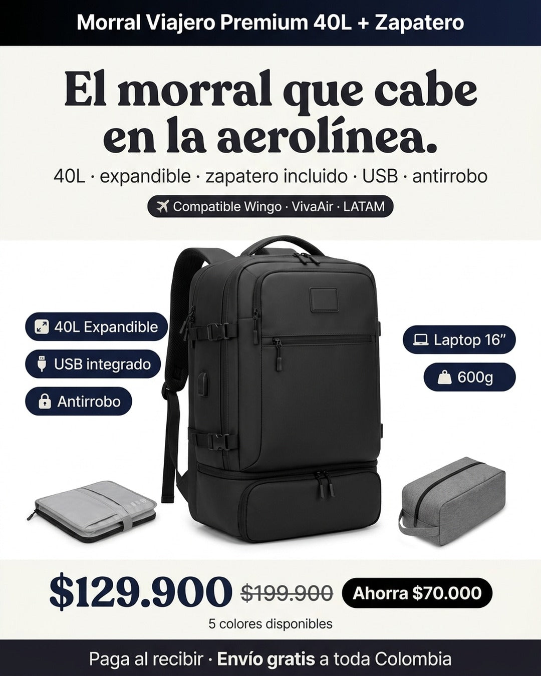 Morral Viajero Premium 40L con Zapatero · compatible aerolíneas · paga al recibir