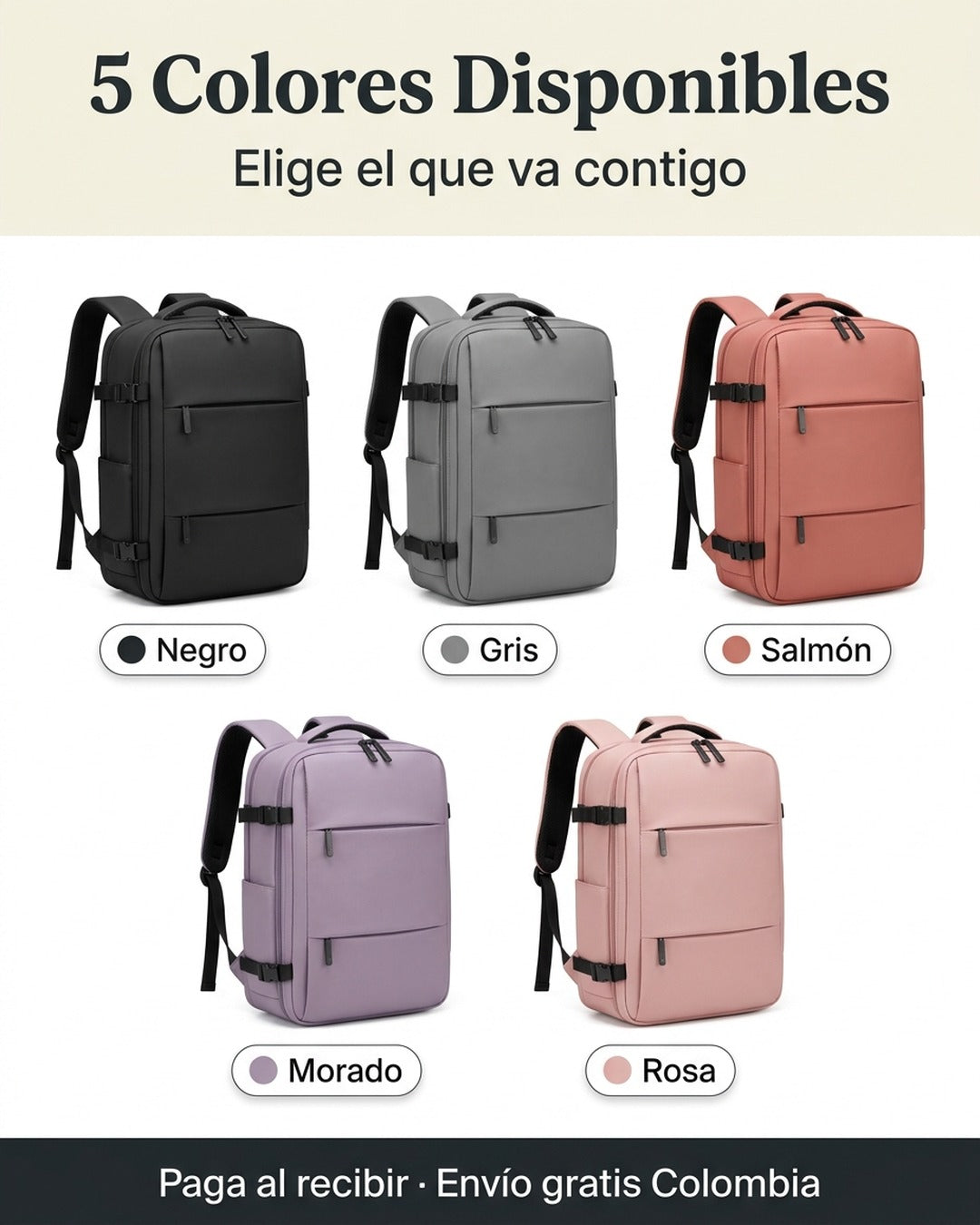 5 colores disponibles · negro, gris, salmón, morado, rosa