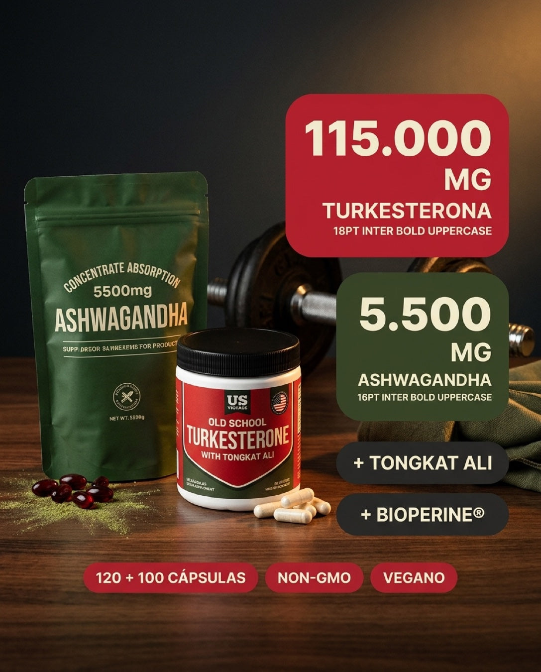 115.000mg Turkesterona + 5.500mg Ashwagandha + Tongkat Ali + BioPerine · combo doble protocolo