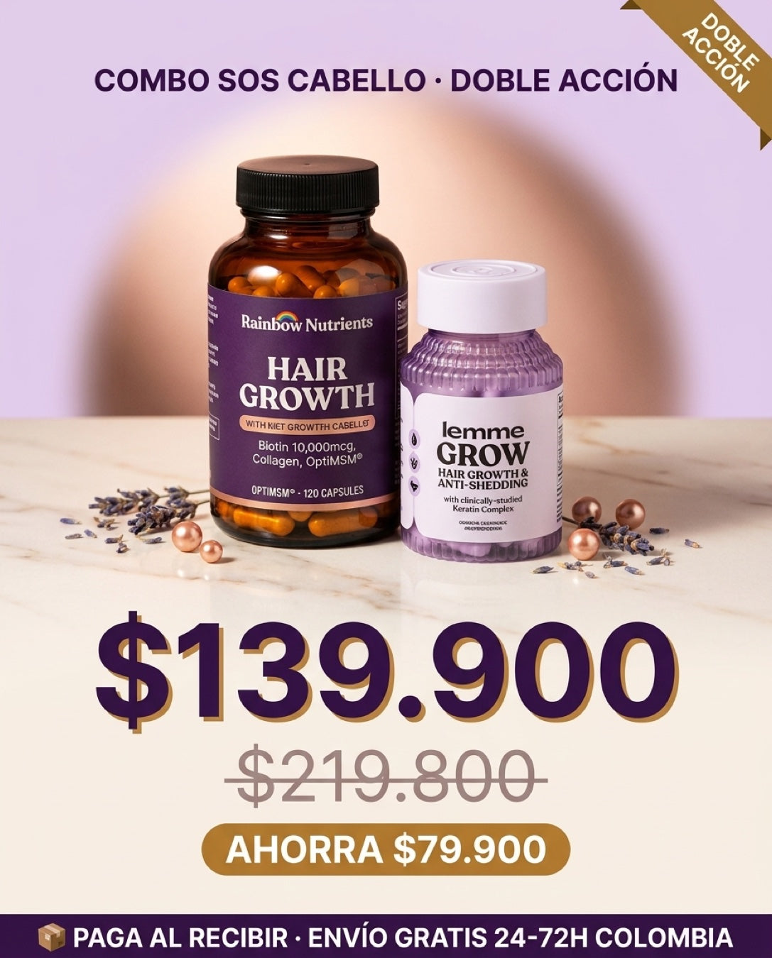 Combo SOS Cabello Doble Acción · Rainbow Nutrients Hair Growth + Lemme Grow Anti-Shedding