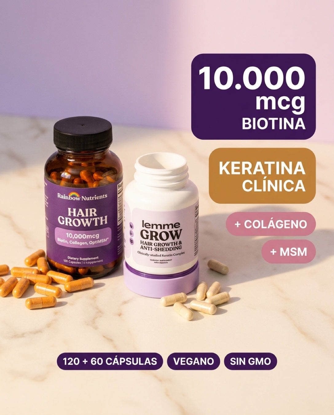 Biotina 10.000mcg + Keratina clínica + Colágeno + MSM · doble fórmula